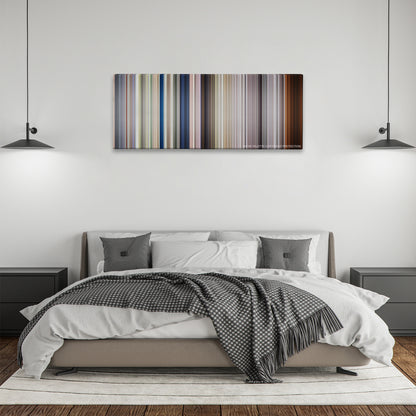 Full Metal Jacket color palette canvas above a bed, between two black pendant lamps
