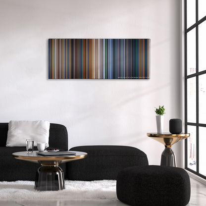 Independence Day color palette canvas above a black sofa with a gold-topped table