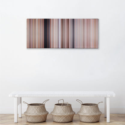 Tremors color palette canvas above a white bench with three woven baskets