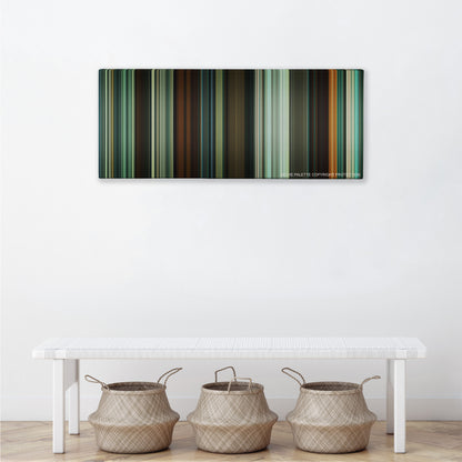 Shame color palette canvas above a white bench with three woven baskets