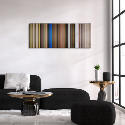 xXx color palette canvas above a black sofa with a gold-topped table