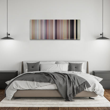 Napoleon Dynamite color palette canvas above a bed, between two black pendant lamps