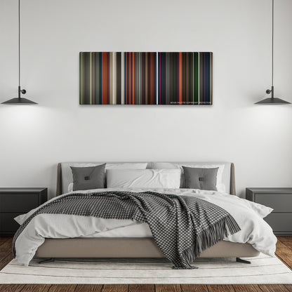 Coraline color palette canvas above a bed, between two black pendant lamps