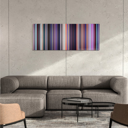 Spider-Man: Into the Spider-Verse color palette canvas on a concrete wall above a gray sectional sofa