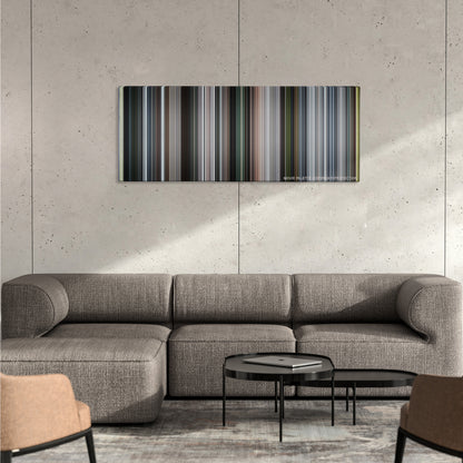 Captain America: The Winter Soldier color palette canvas on a concrete wall above a gray sectional sofa