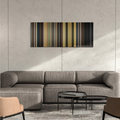Once Upon a Time... In Hollywood color palette canvas on a concrete wall above a gray sectional sofa