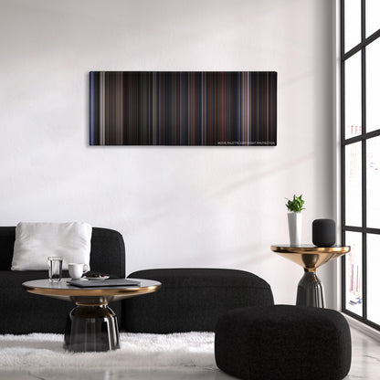 The Addams Family color palette canvas above a black sofa with a gold-topped table