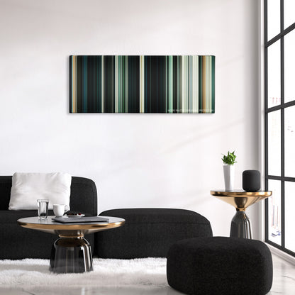 Priest color palette canvas above a black sofa with a gold-topped table