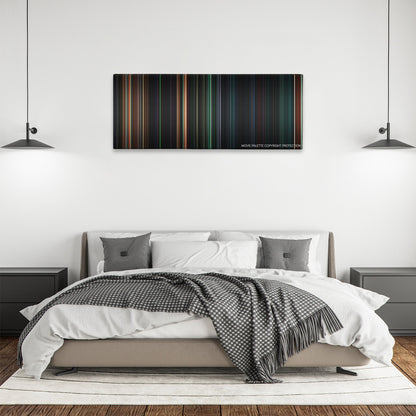 Aliens vs. Predator: Requiem color palette canvas above a bed, between two black pendant lamps