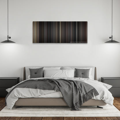 The Evil Dead color palette canvas above a bed, between two black pendant lamps