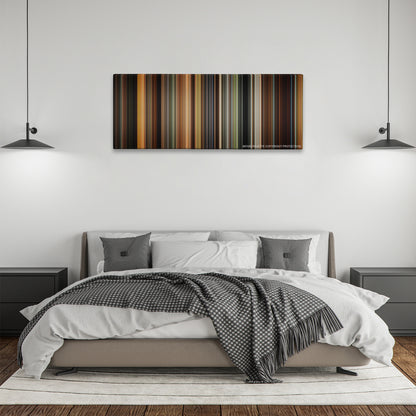 The Time Traveler's Wife color palette canvas above a bed, between two black pendant lamps