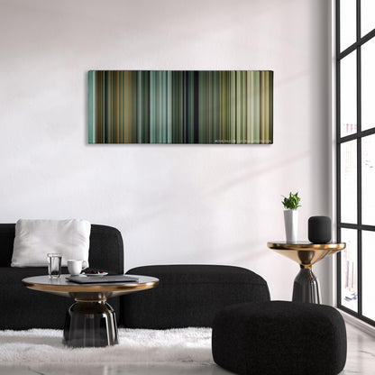 Train to Busan color palette canvas above a black sofa with a gold-topped table
