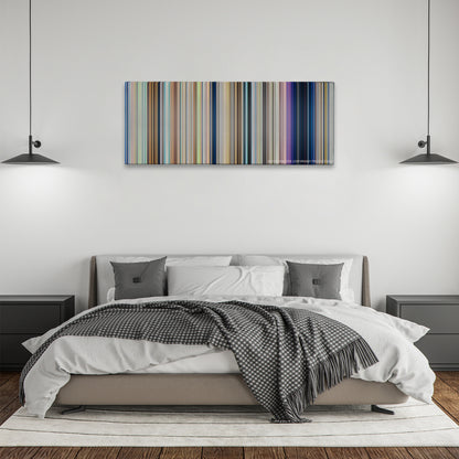 Your Name. color palette canvas above a bed, between two black pendant lamps