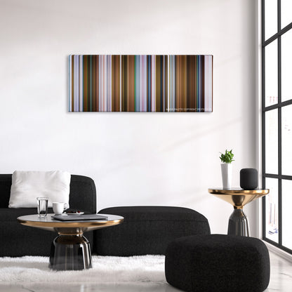 One Hour Photo color palette canvas above a black sofa with a gold-topped table