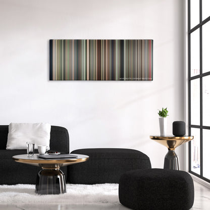 Police Academy color palette canvas above a black sofa with a gold-topped table