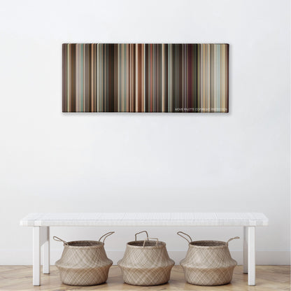 Sex and the City color palette canvas above a white bench with three woven baskets