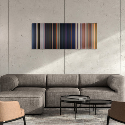 Avengers: Infinity War color palette canvas on a concrete wall above a gray sectional sofa
