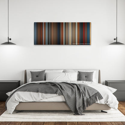 The Brothers Grimm color palette canvas above a bed, between two black pendant lamps