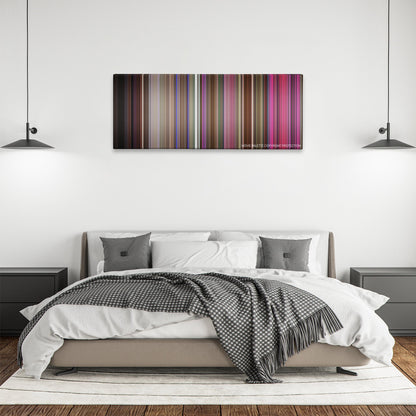 Mallrats color palette canvas above a bed, between two black pendant lamps