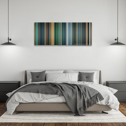 Deadpool 2 color palette canvas above a bed, between two black pendant lamps