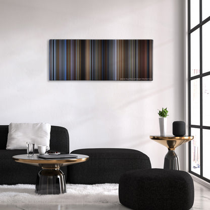 Groundhog Day color palette canvas above a black sofa with a gold-topped table
