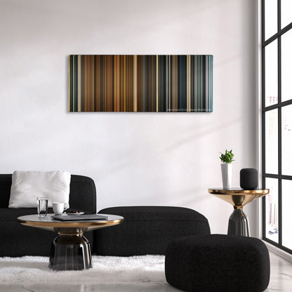 Melancholia color palette canvas above a black sofa with a gold-topped table