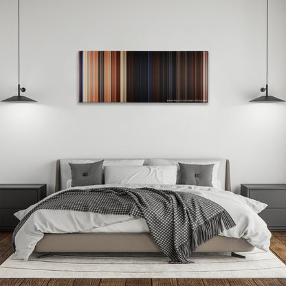 Army of Darkness color palette canvas above a bed, between two black pendant lamps
