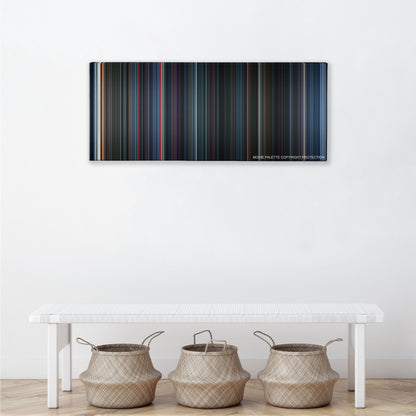 Alien vs. Predator color palette canvas above a white bench with three woven baskets