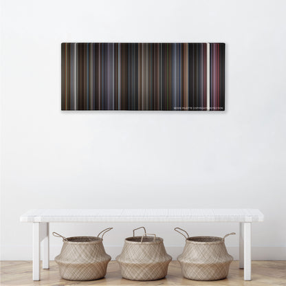 Scott Pilgrim vs. the World color palette canvas above a white bench with three woven baskets