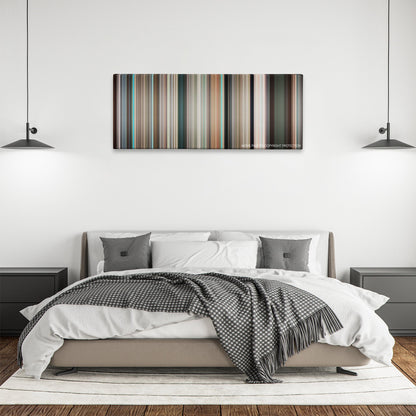 Y Tu Mama Tambien color palette canvas above a bed, between two black pendant lamps