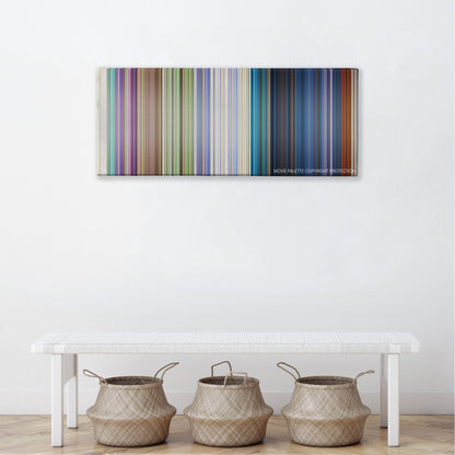 Robin Hood color palette canvas above a white bench with three woven baskets