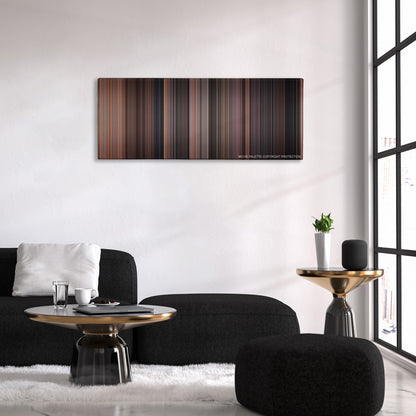 Rear Window color palette canvas above a black sofa with a gold-topped table