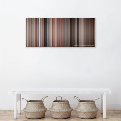 Misery color palette canvas above a white bench with three woven baskets