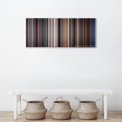 Highlander color palette canvas above a white bench with three woven baskets