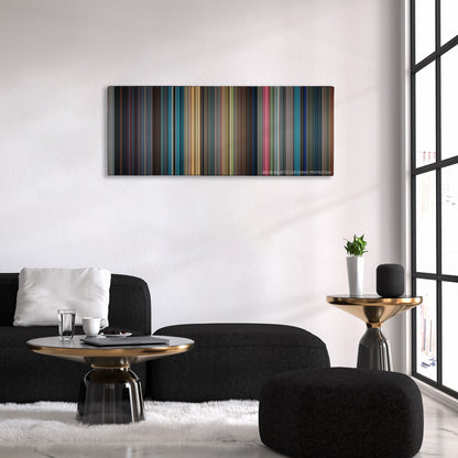 Surrogates color palette canvas above a black sofa with a gold-topped table