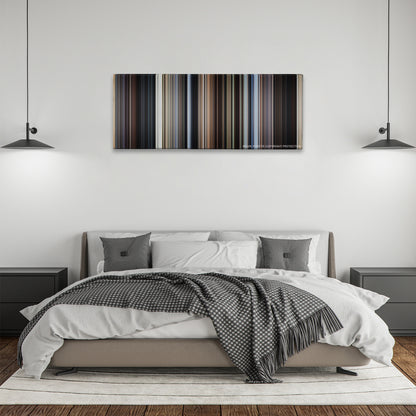 Cast Away color palette canvas above a bed, between two black pendant lamps