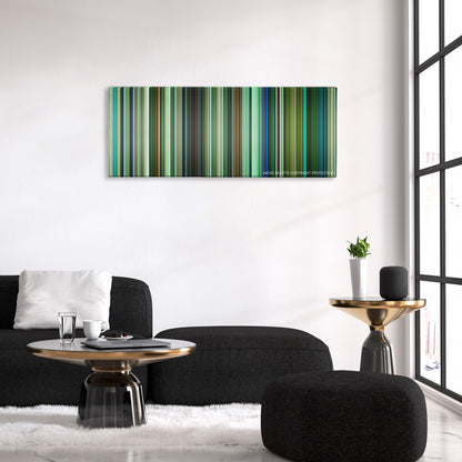 T2 Trainspotting color palette canvas above a black sofa with a gold-topped table