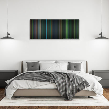Saw V color palette canvas above a bed, between two black pendant lamps