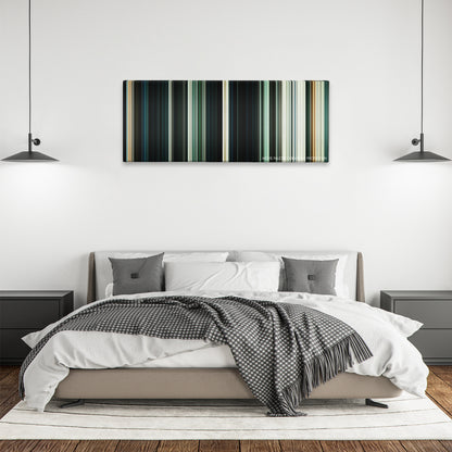 Priest color palette canvas above a bed, between two black pendant lamps