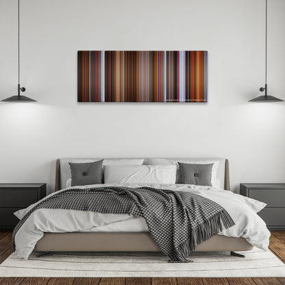 Rounders color palette canvas above a bed, between two black pendant lamps