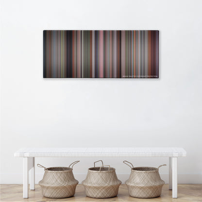 The Full Monty color palette canvas above a white bench with three woven baskets