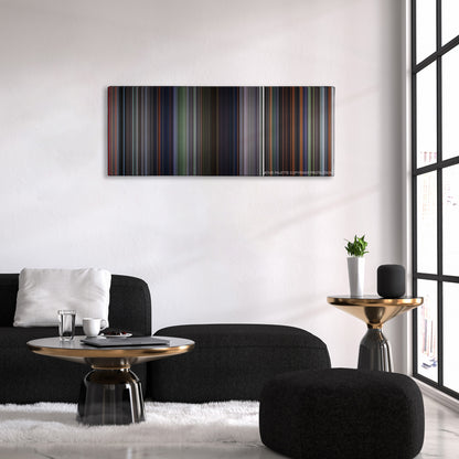 Battle Royale color palette canvas above a black sofa with a gold-topped table