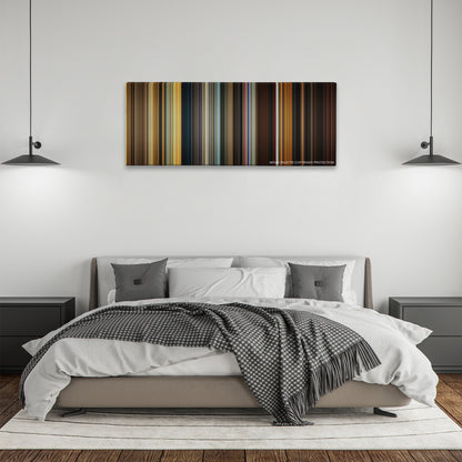 Apocalypse Now color palette canvas above a bed, between two black pendant lamps