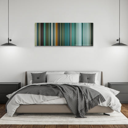 Teenage Mutant Ninja Turtles color palette canvas above a bed, between two black pendant lamps