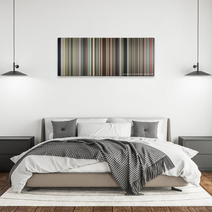Police Academy color palette canvas above a bed, between two black pendant lamps