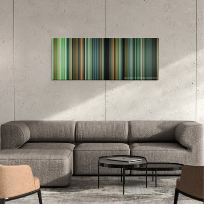 Ran color palette canvas on a concrete wall above a gray sectional sofa