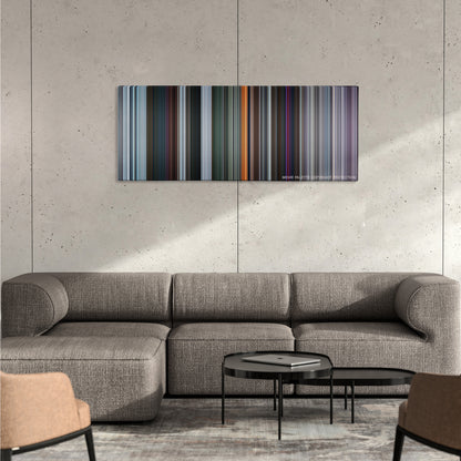 Deadpool color palette canvas on a concrete wall above a gray sectional sofa