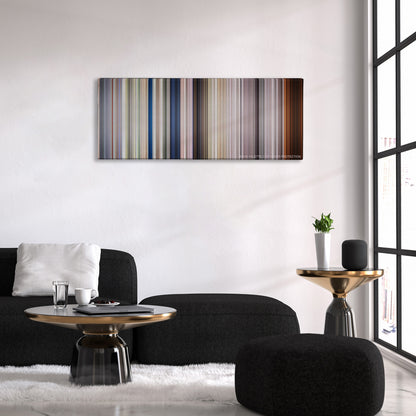 Full Metal Jacket color palette canvas above a black sofa with a gold-topped table