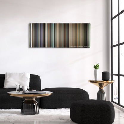 Funny People color palette canvas above a black sofa with a gold-topped table