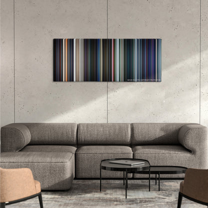 Star Wars: Episode VII - The Force Awakens color palette canvas on a concrete wall above a gray sectional sofa